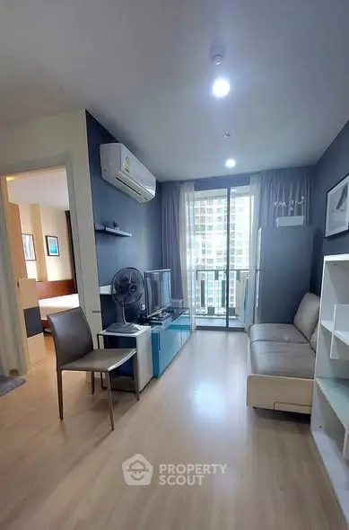 Modern living room with balcony view in a stylish apartment