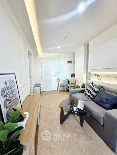 Modern living room with stylish decor and cozy seating area