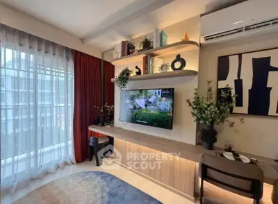 Stylish living room with modern decor and large window view