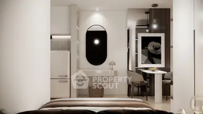Modern bedroom with stylish decor and dining area in a contemporary apartment.