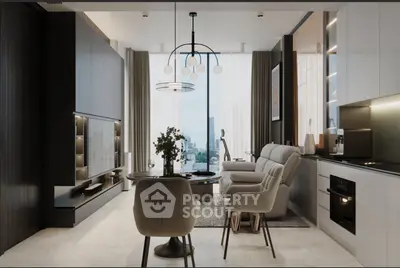 Luxurious modern living room with city view, elegant furniture, and open kitchen layout.