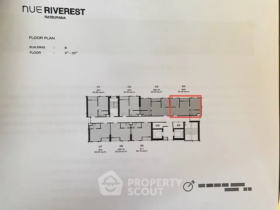 Floor plan of Nue Riverest Ratburana building B, showcasing unit layout on 3rd to 33rd floors.