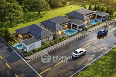 Luxurious modern villas with private pools and sleek design in a serene neighborhood.