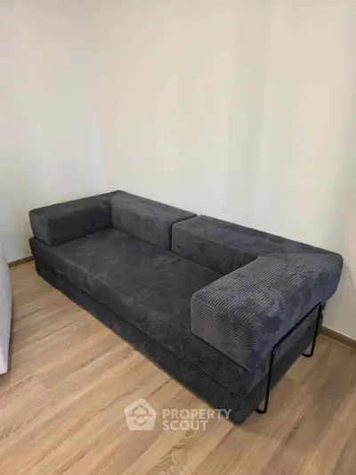 Modern gray sofa in a minimalist living room with wooden flooring