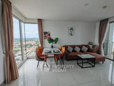Modern living room with panoramic city view and stylish decor