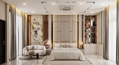 Luxurious modern bedroom with elegant marble accents and plush furnishings.
