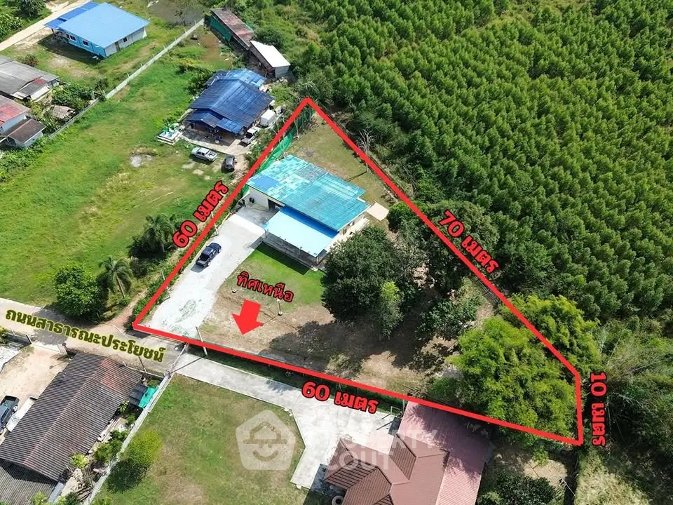 Aerial view of a spacious property with clear boundary lines and lush greenery.