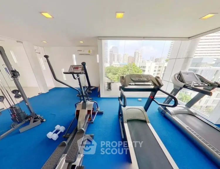 Modern gym with city view and state-of-the-art equipment