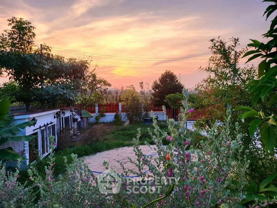 Charming garden view at sunset with lush greenery and serene ambiance, perfect for nature lovers.