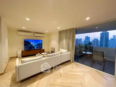 Luxurious living room with stunning city view and elegant decor