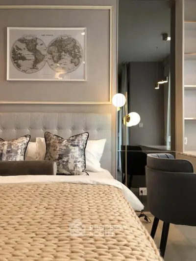 Luxurious bedroom with elegant decor and cozy bedding in modern apartment