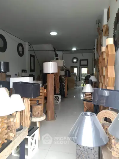 Chic interior design store showcasing modern lighting and wooden decor elements.