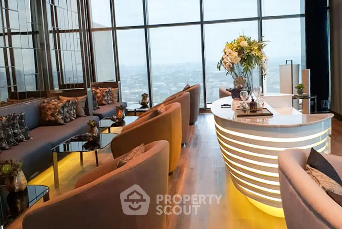 Luxurious modern living room with panoramic city view and elegant decor