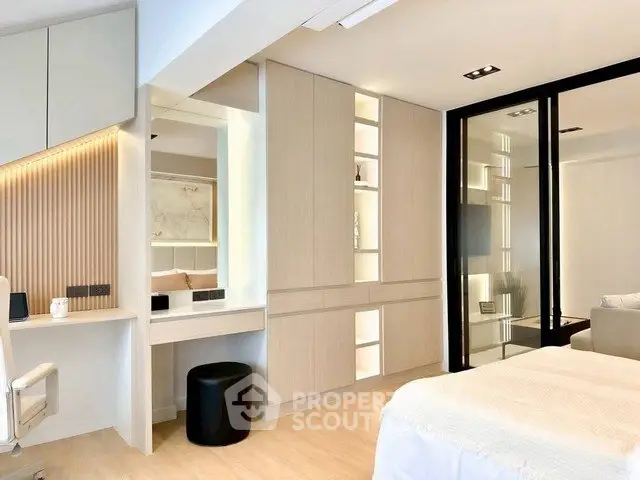 Modern bedroom with sleek built-in storage and elegant decor