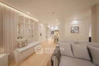Luxurious modern living room with elegant decor and ambient lighting