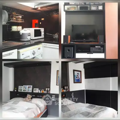 Modern apartment interior with stylish kitchen, cozy bedroom, and entertainment area.