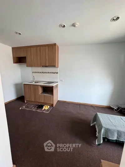 Cozy studio apartment with compact kitchen and carpeted flooring, ideal for urban living.