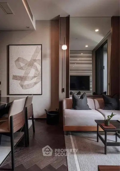 Modern living room with stylish decor and cozy seating area, perfect for relaxation and entertaining.