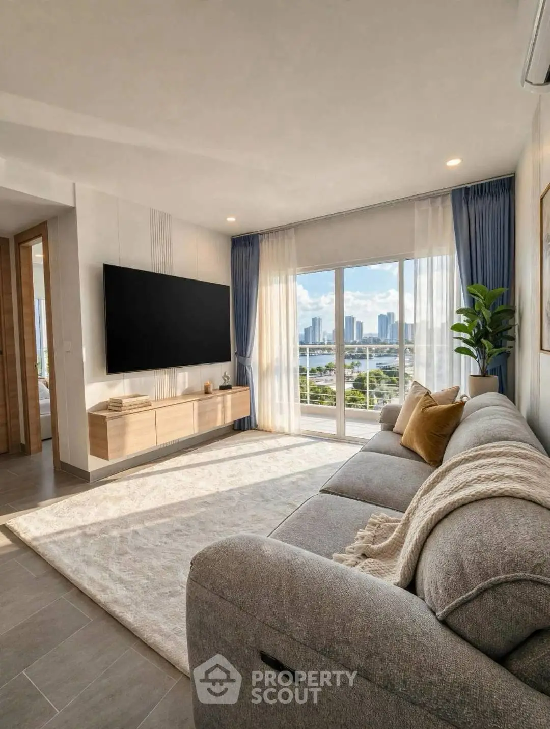 Spacious living room with large sofa and city view, modern decor and natural light.
