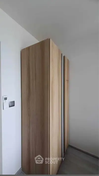 Modern minimalist storage space with sleek wooden wardrobe in bright room.