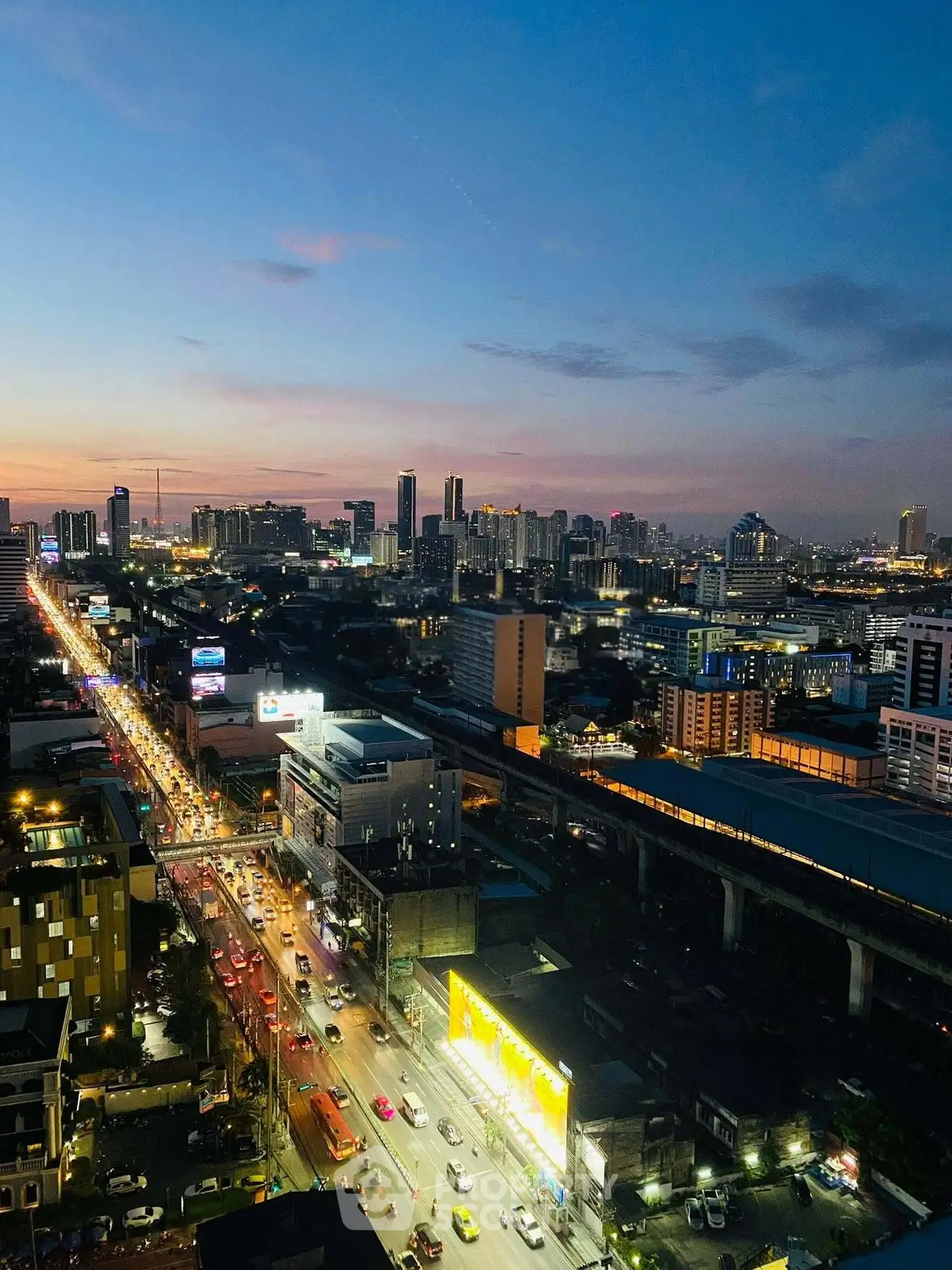 Stunning cityscape view at dusk showcasing vibrant urban skyline and bustling streets.