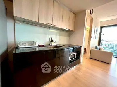 Modern kitchen with sleek black cabinets and open layout in stylish apartment