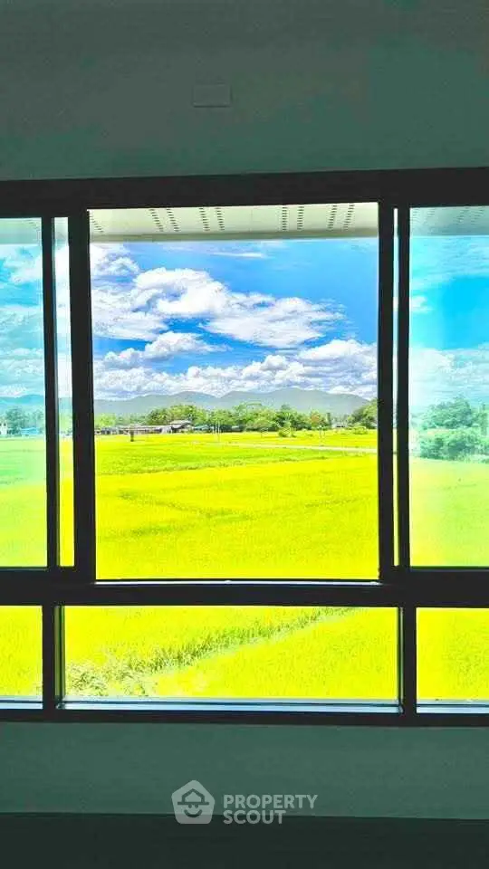 Stunning view of lush green fields from a large window, offering a serene and picturesque landscape.