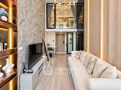 Luxurious modern living room with high ceilings and elegant decor