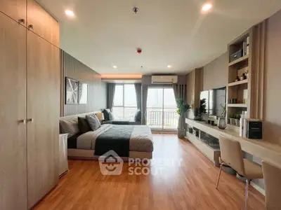 Spacious modern bedroom with large windows and stylish decor