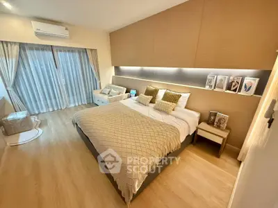 Luxurious bedroom with modern decor and ambient lighting, featuring a cozy bed and stylish furnishings.