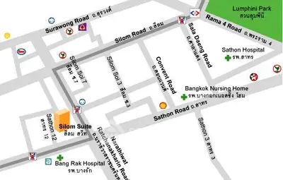 Map showing location of Silom Suite near Lumphini Park and Sathon Hospital in Bangkok.