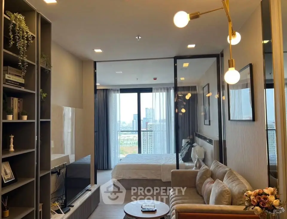 Modern open-plan living room with city view and elegant decor