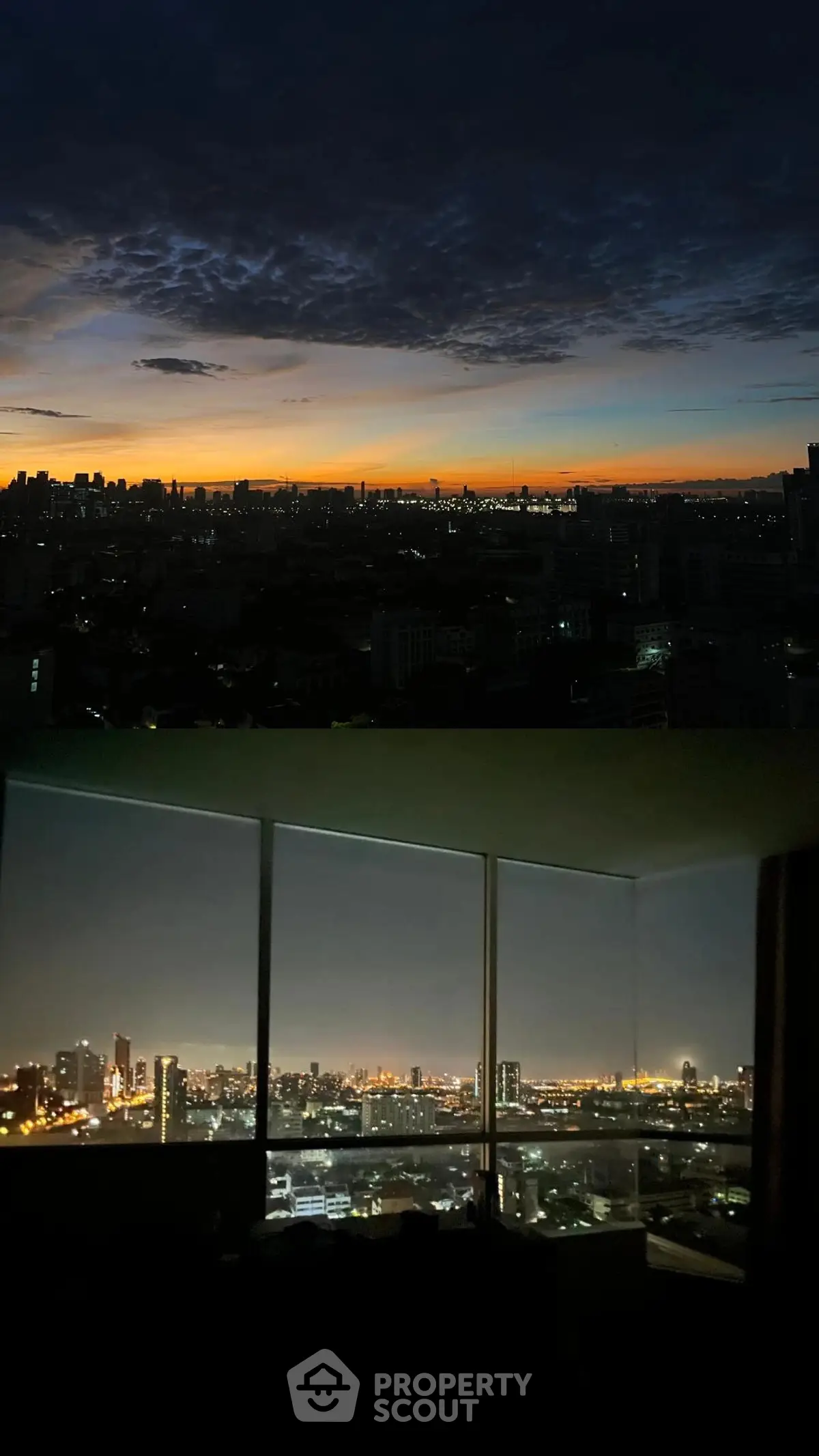 Stunning city skyline view from high-rise apartment at sunset and night.