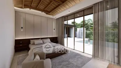 Luxurious bedroom with pool view and modern design, featuring elegant wooden ceiling and floor-to-ceiling windows.