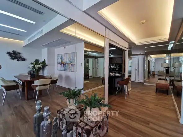 Luxurious modern living room with elegant dining area and stylish decor