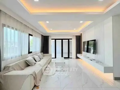 Luxurious modern living room with sleek design and ambient lighting