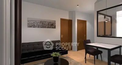 Modern living room with sleek black sofa and dining area, perfect for urban living.