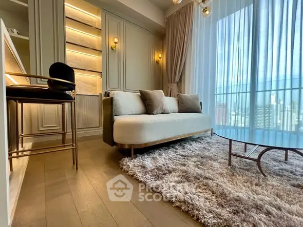 Luxurious living room with elegant decor and city view, featuring plush sofa and modern lighting.