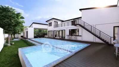 Modern luxury home with sleek pool and spacious outdoor deck area.