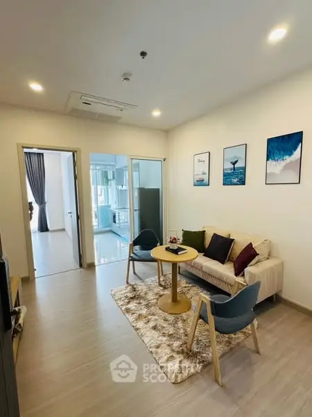 Modern living room with cozy seating and stylish decor