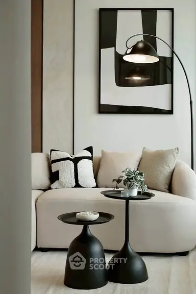 Modern living room with stylish decor and cozy seating area