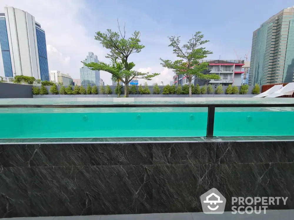 Luxurious rooftop pool with stunning cityscape views in modern urban setting.