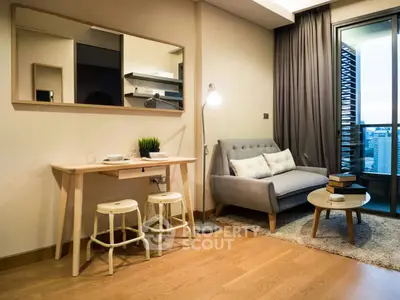 Modern living room with stylish furniture and city view balcony, perfect for urban living.