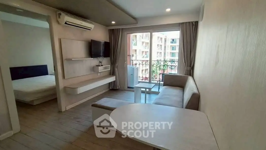 Modern living room with balcony view in stylish apartment