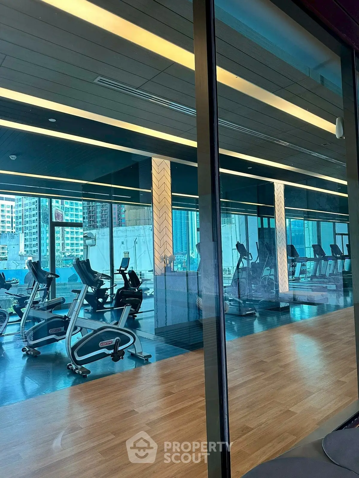 Modern gym with state-of-the-art equipment and city view