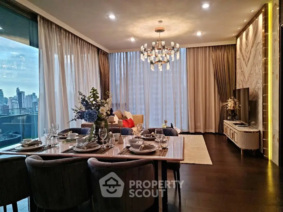 Luxurious living room with elegant dining area and stunning city view, featuring modern decor and ambient lighting.