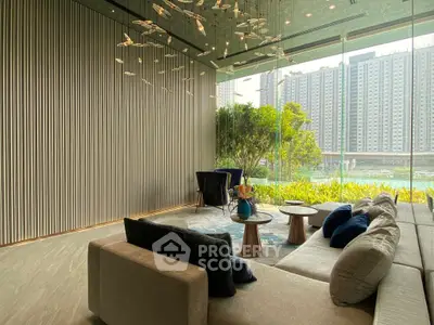 Luxurious modern living room with floor-to-ceiling windows and stunning city view.