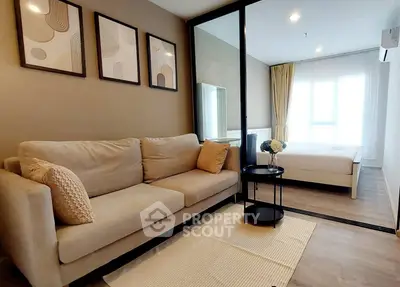 Modern living room with cozy sofa and stylish decor in a bright apartment