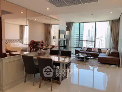 Luxurious open-plan living room with city view, modern furniture, and elegant decor in high-rise apartment.