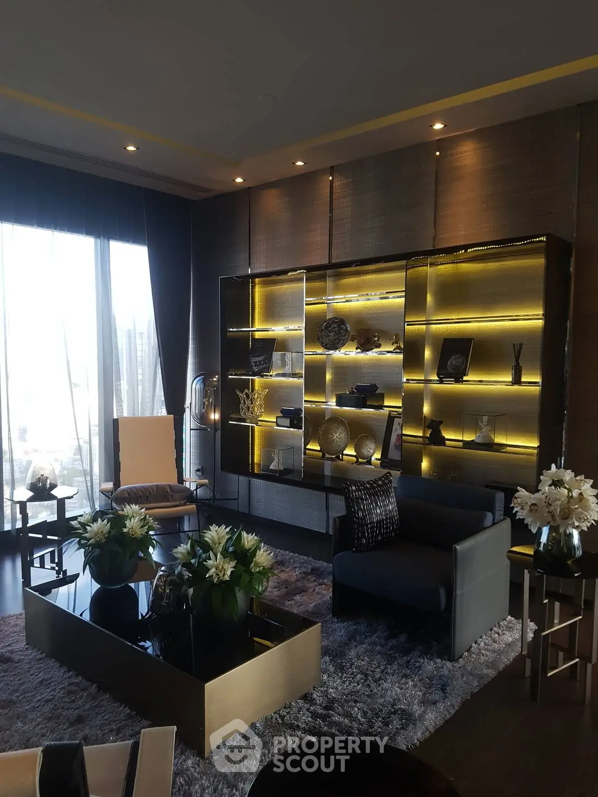 Luxurious living room with elegant decor and ambient lighting